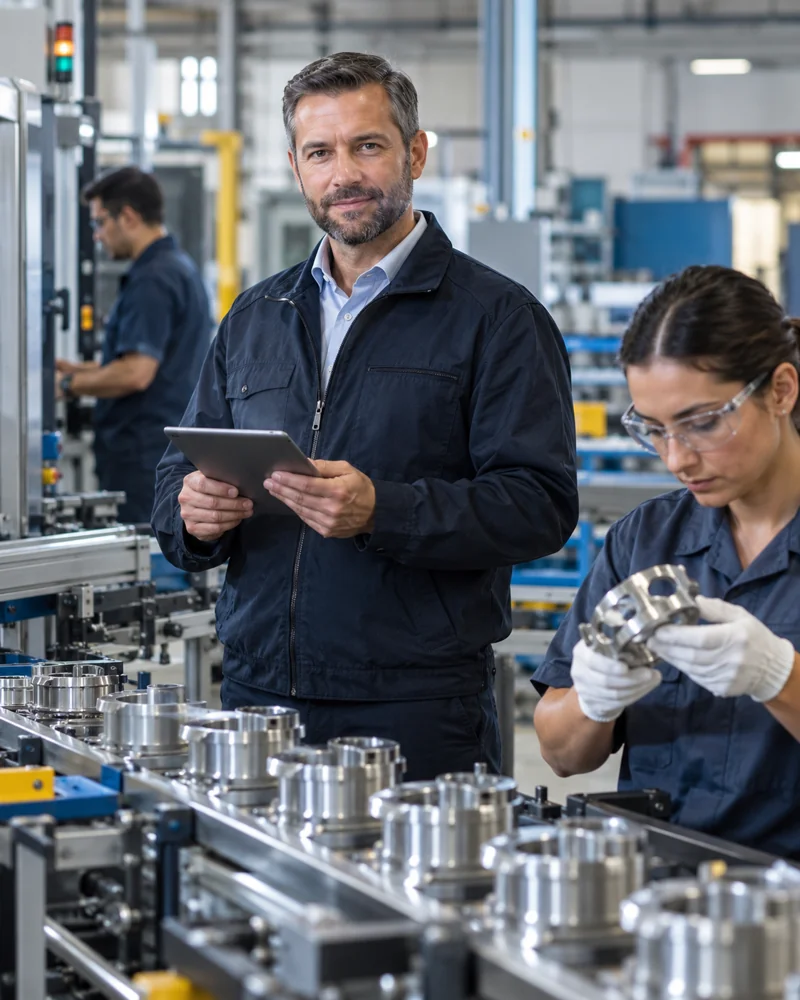 Manufacturing team checking production and finished components