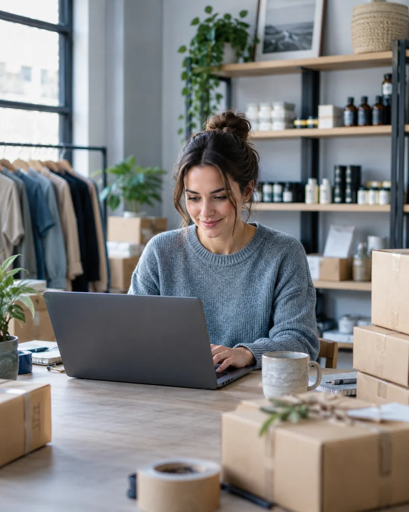 Retail business owner managing online orders and parcels