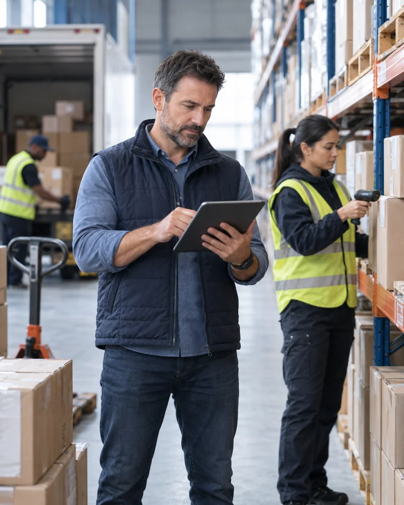 Warehouse team managing stock and deliveries